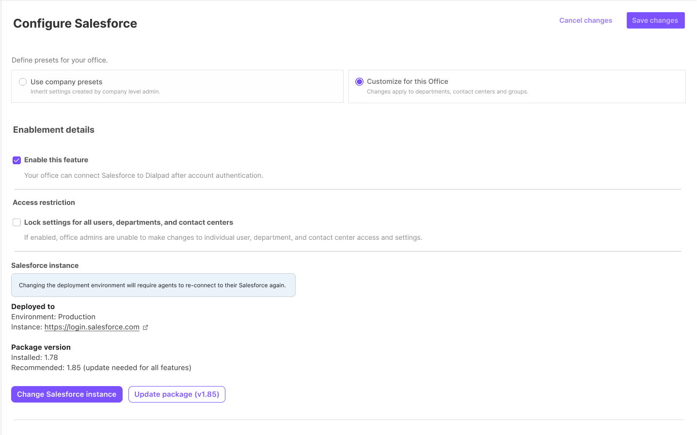 Configuration settings for Salesforce integration with Dialpad, including feature enablement options.